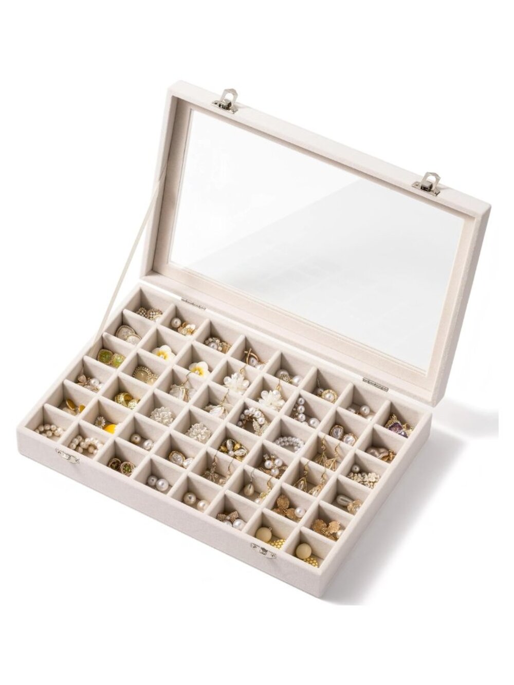 Velvet Jewelry Tray 48 Compartment Organizer with Glass Lid Earring Storage Case
